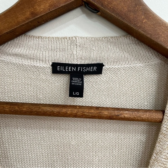 Eileen Fisher Organic Linen V-neck Cardigan Bone Sparkle Trim Size Large $248 - Picture 10 of 11